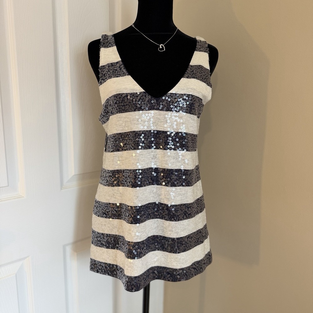 90s J Crew Fully Sequined Tank Top Women's (M) Navy Stripes Fairy Glam Club Y2K